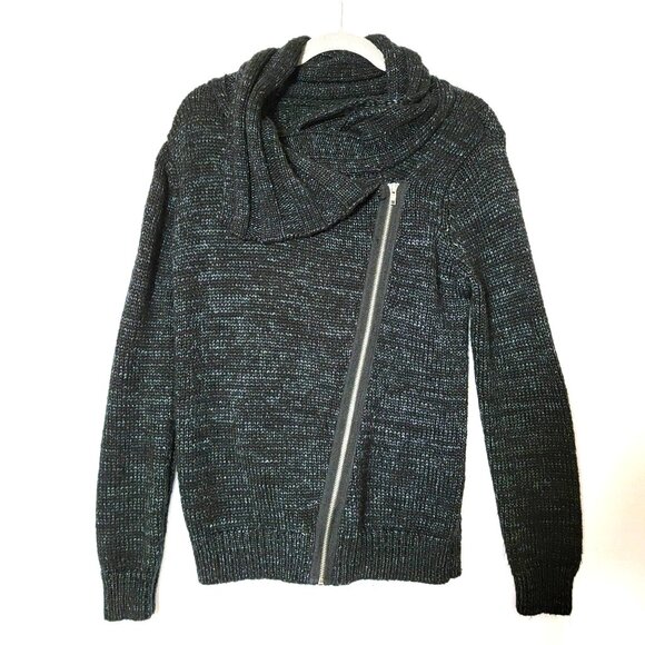 VTG Forever 21 Womens Sweater Cable Knit Asymmetric Zipper Size L Gray Black - Picture 1 of 15